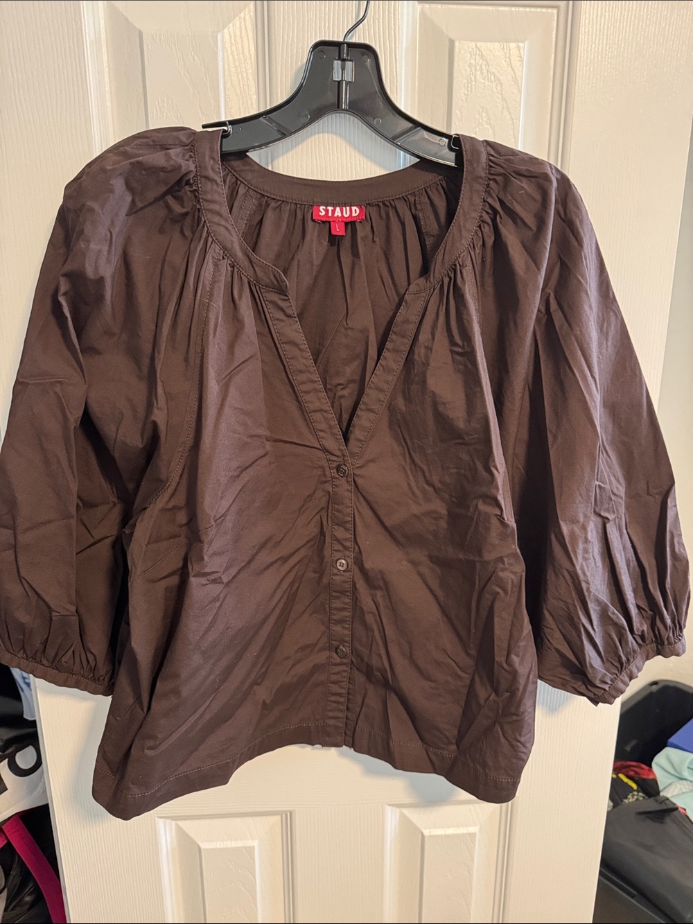 STAUD Chocolate Brown Puff-Sleeve Button-Front Blouse